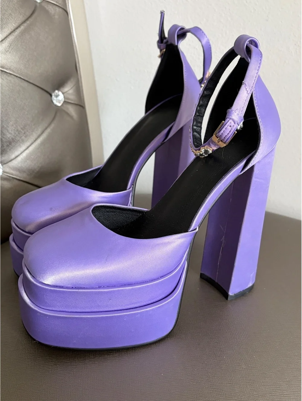 Y2K Purple Satin Platform Heels Size 8 Rhinestone Chunky High Heels